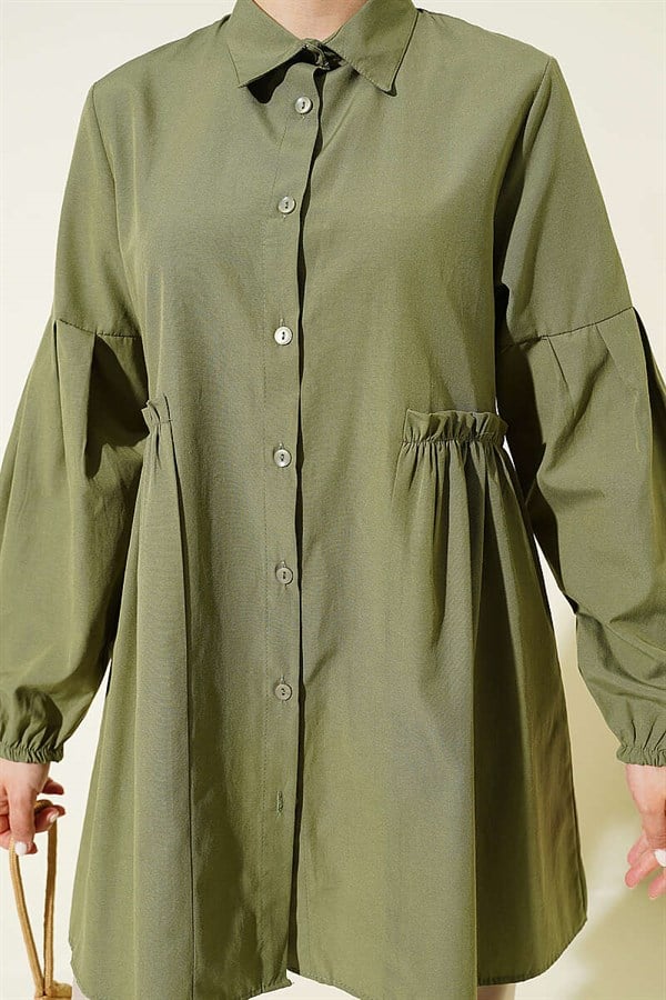 Waist-Gathered, Sleeve-Pleated Shirt, Khaki