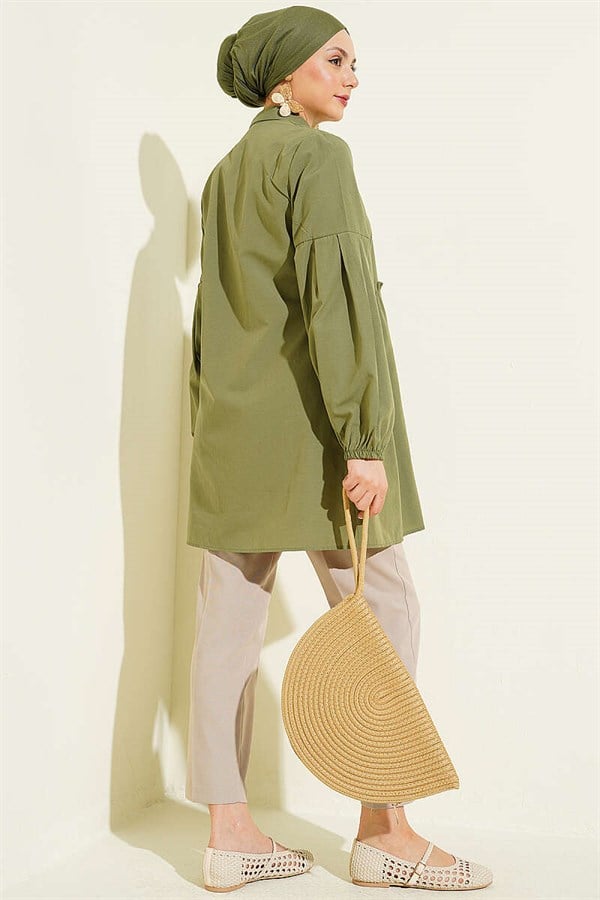 Waist-Gathered, Sleeve-Pleated Shirt, Khaki