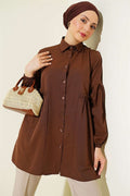Waist-Gathered, Sleeve-Pleated Shirt, Brown