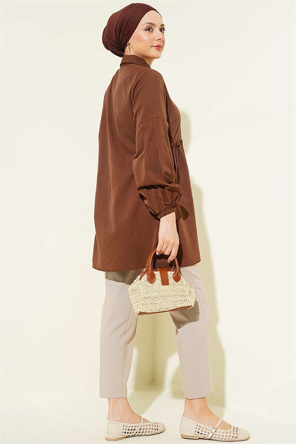 Waist-Gathered, Sleeve-Pleated Shirt, Brown