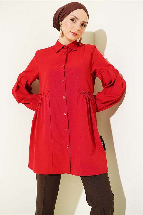 Red Shirt with Gathered Waist and Pleated Sleeves