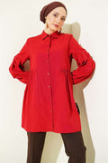 Red Shirt with Gathered Waist and Pleated Sleeves