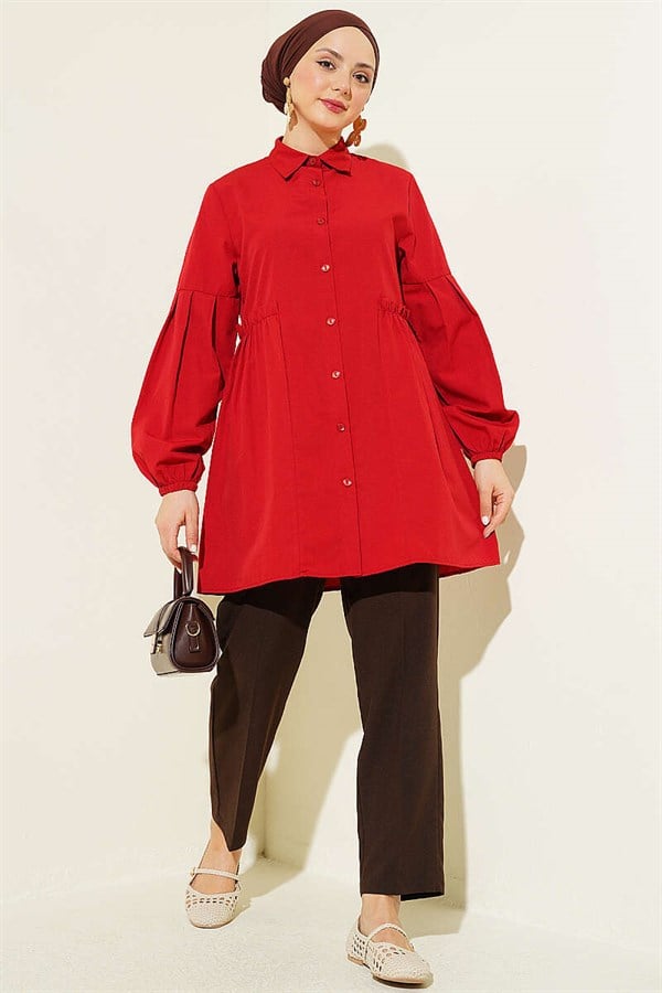 Red Shirt with Gathered Waist and Pleated Sleeves