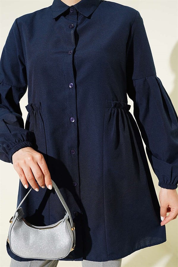 Navy Blue Pleated Sleeve Shirt with Gathered Waist