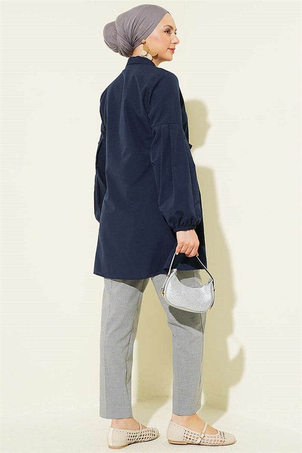 Navy Blue Pleated Sleeve Shirt with Gathered Waist