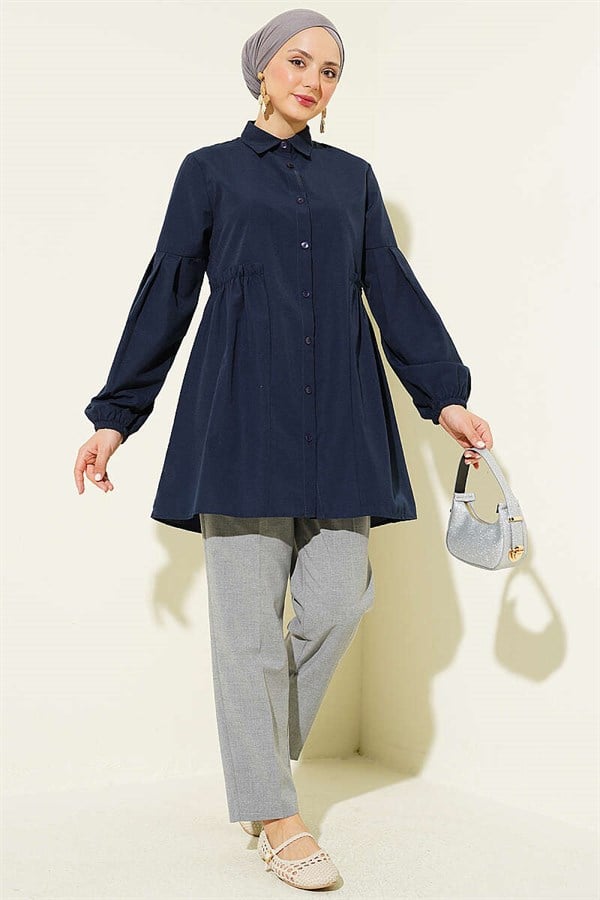 Navy Blue Pleated Sleeve Shirt with Gathered Waist