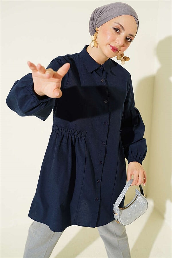 Navy Blue Pleated Sleeve Shirt with Gathered Waist