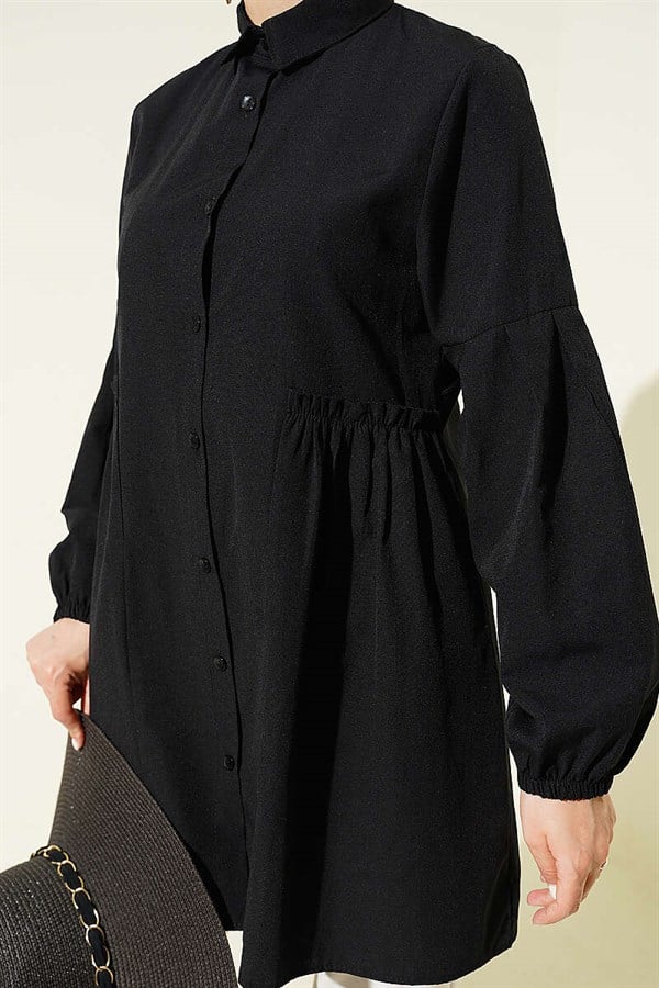 Black Shirt with Gathered Waist and Pleated Sleeves