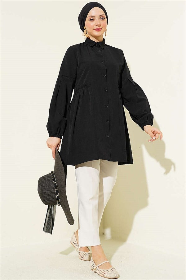 Black Shirt with Gathered Waist and Pleated Sleeves