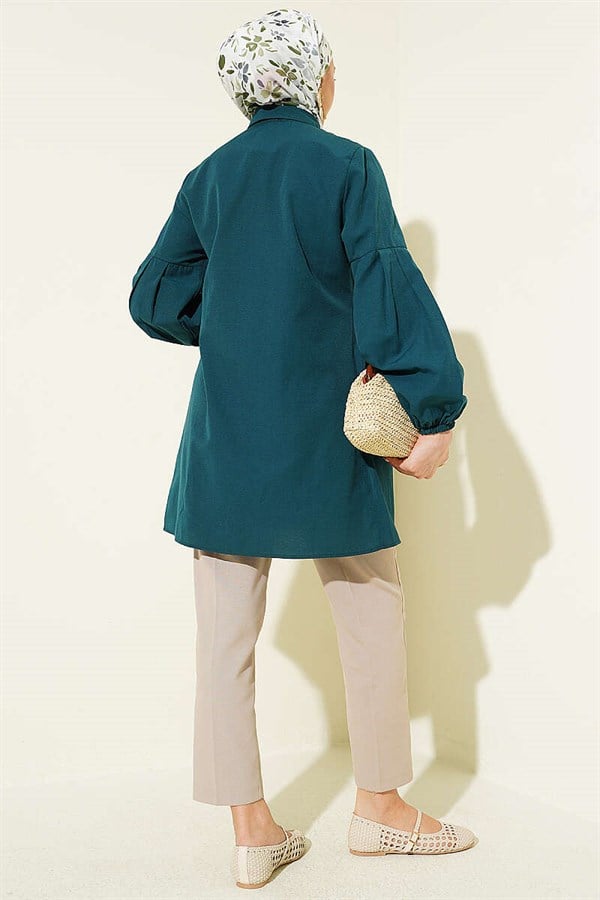 Waist-Gathered Sleeve Pleated Shirt Emerald