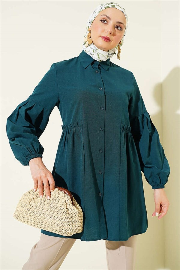 Waist-Gathered Sleeve Pleated Shirt Emerald
