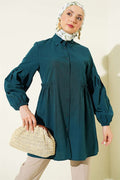 Waist-Gathered Sleeve Pleated Shirt Emerald