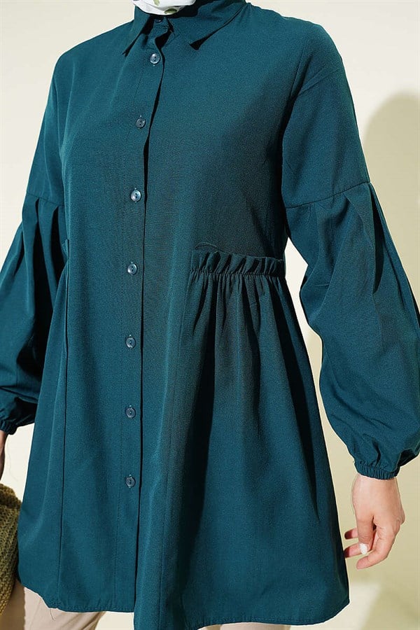 Waist-Gathered Sleeve Pleated Shirt Emerald