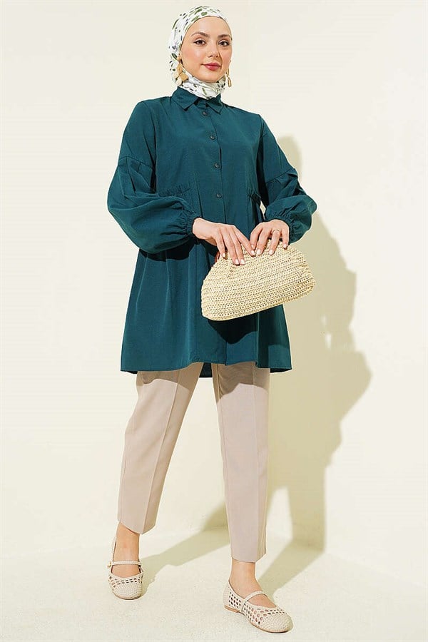 Waist-Gathered Sleeve Pleated Shirt Emerald
