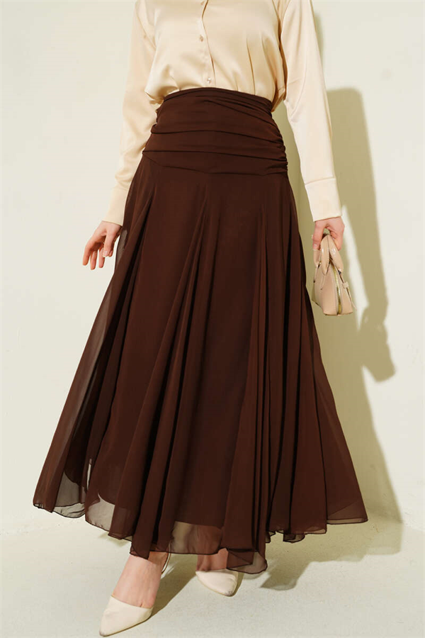 Gathered Waist Chiffon Skirt, Brown