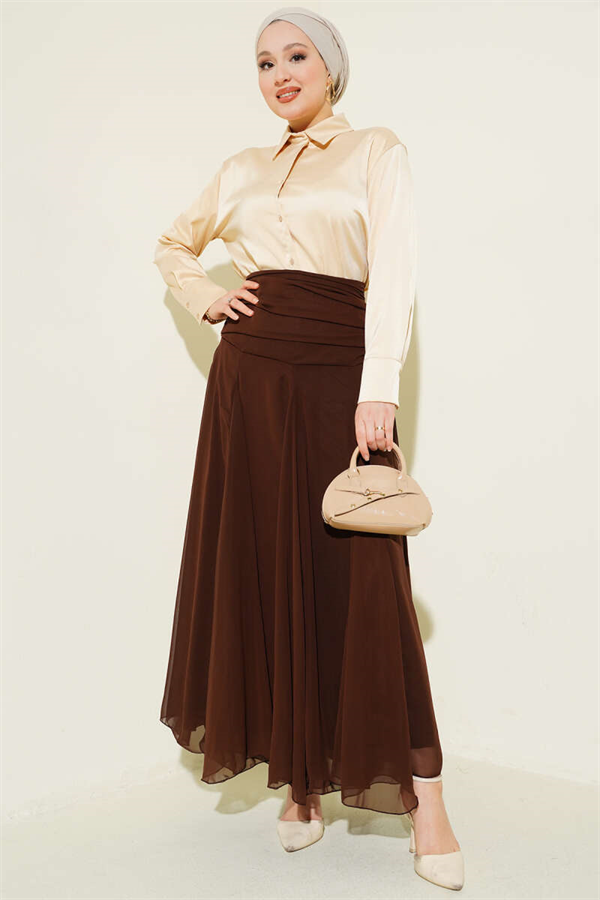 Gathered Waist Chiffon Skirt, Brown
