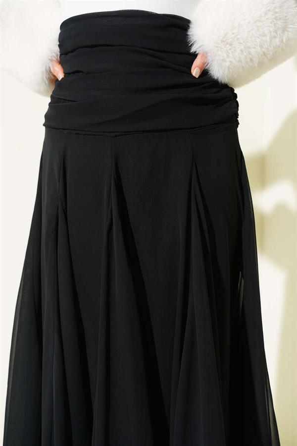 Black Chiffon Skirt with Gathered Waist