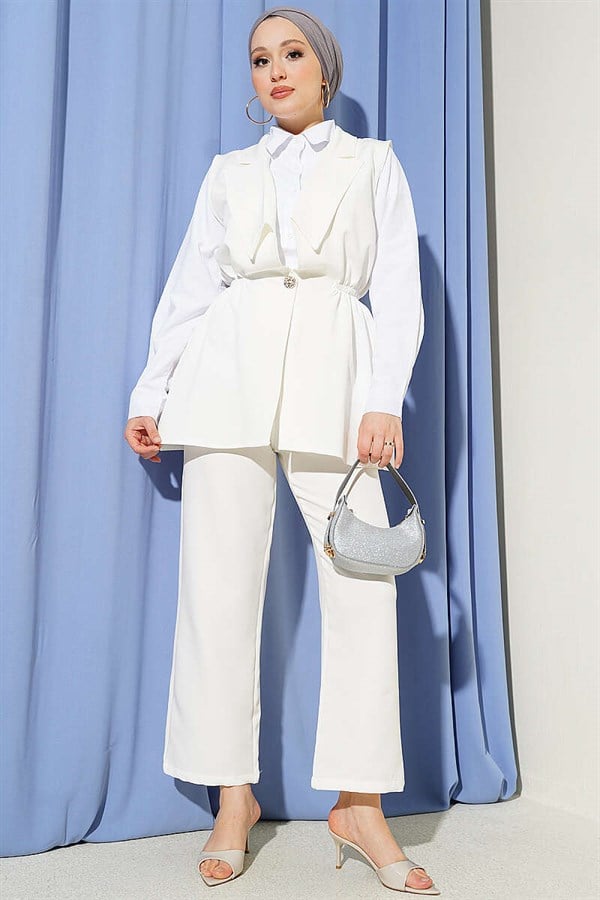 2 Piece Set with Waist Gathered Vest, Ecru