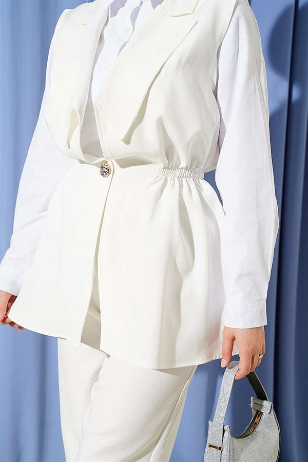2 Piece Set with Waist Gathered Vest, Ecru