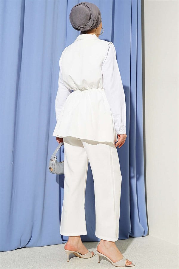 2 Piece Set with Waist Gathered Vest, Ecru