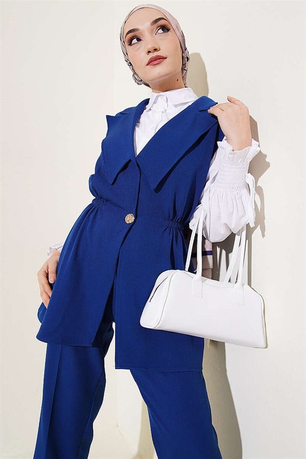 2 Piece Set with Waist Gathered Vest, Indigo