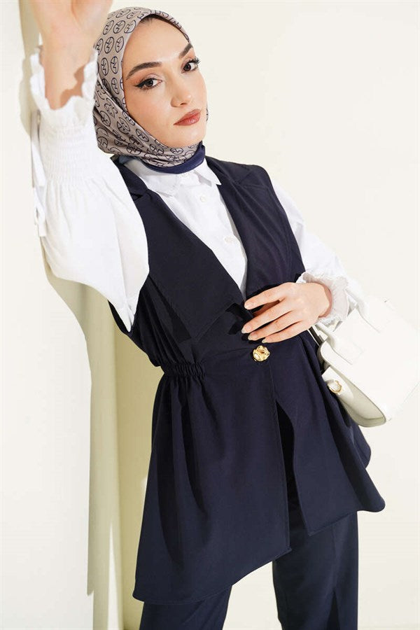 Two Navy Blue 2 Piece Sets with Drawstring Waist Vests