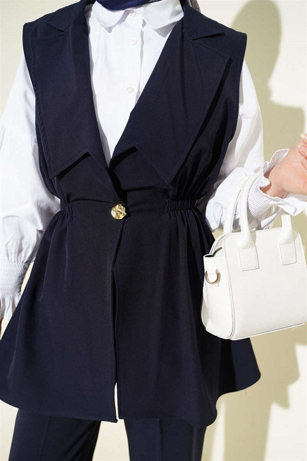 Two Navy Blue 2 Piece Sets with Drawstring Waist Vests