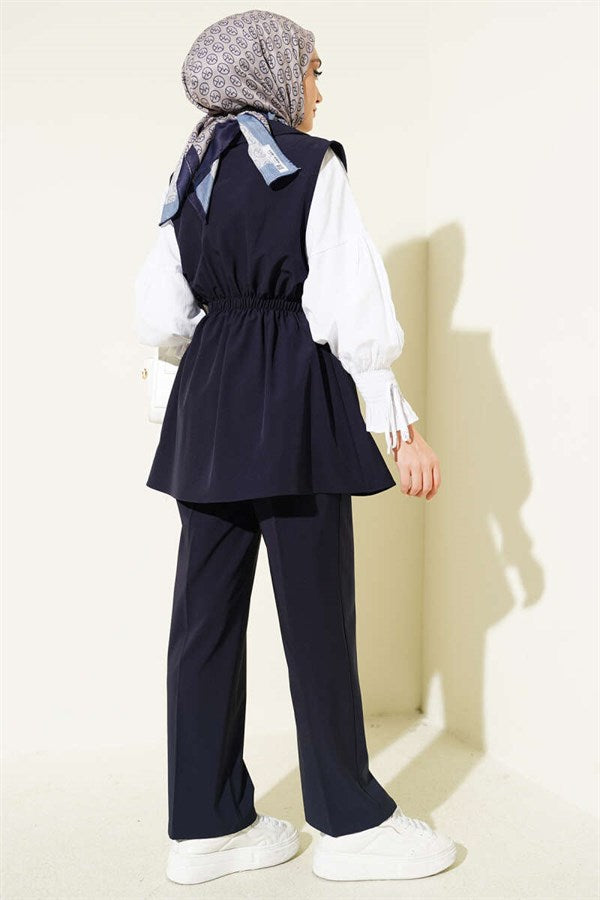 Two Navy Blue 2 Piece Sets with Drawstring Waist Vests
