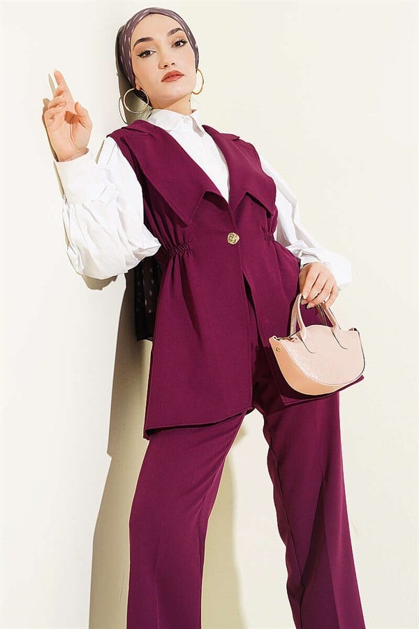 Two Sets with Waist Gathered Vest, Plum