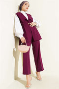 Two Sets with Waist Gathered Vest, Plum