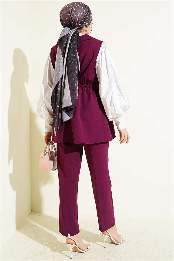 Two Sets with Waist Gathered Vest, Plum