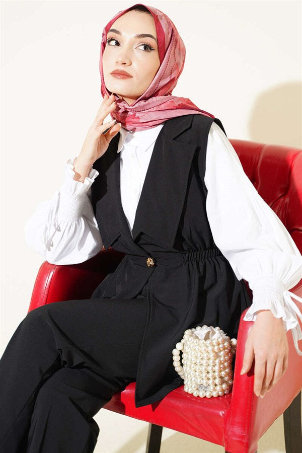 Two Black Suits with Waist Gathered Vest