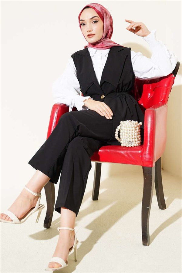 Two Black Suits with Waist Gathered Vest