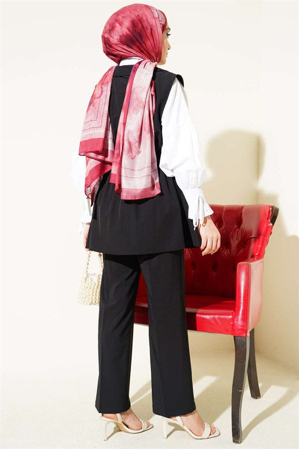 Two Black Suits with Waist Gathered Vest