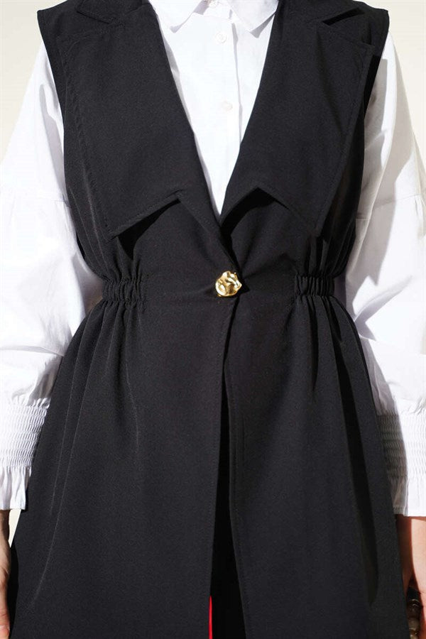 Two Black Suits with Waist Gathered Vest