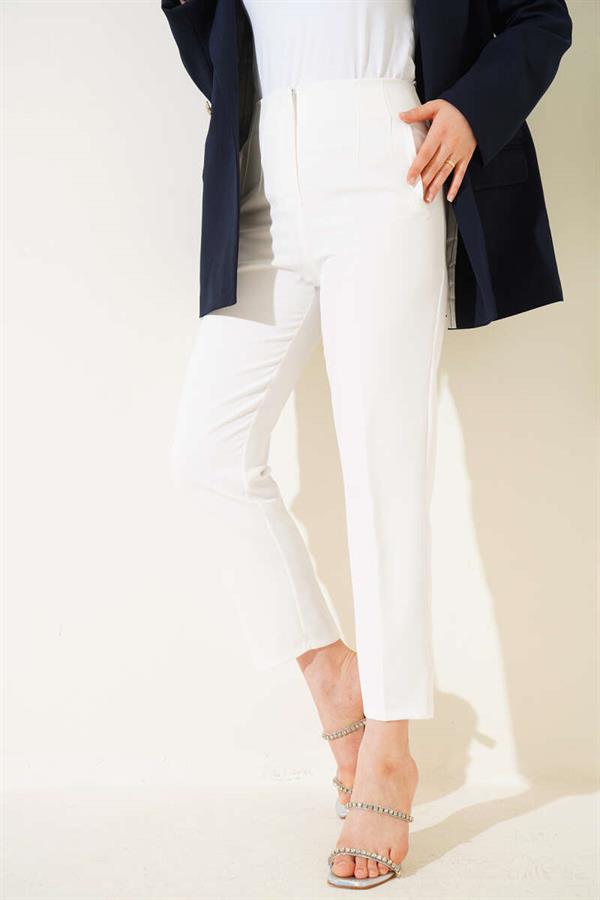 Waist-Spangled Skinny-Leg Fabric Trousers White
