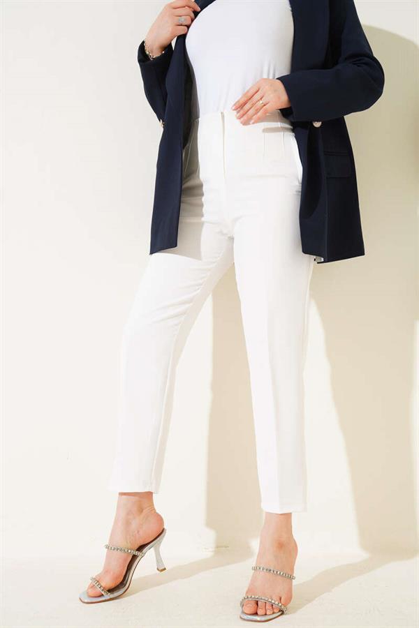 Waist-Spangled Skinny-Leg Fabric Trousers White