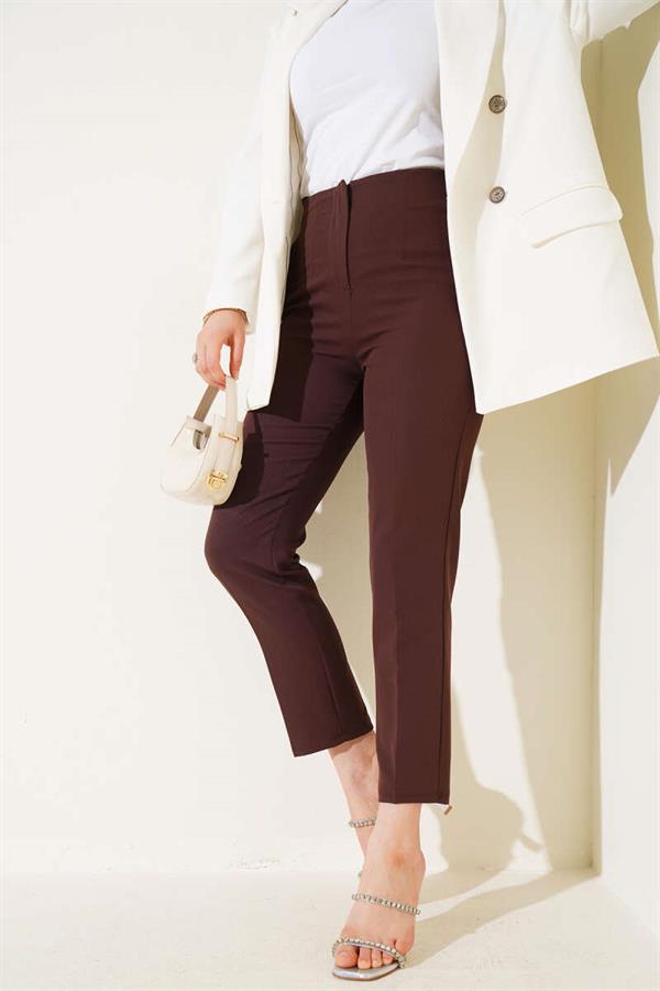 Waist-Slit Skinny Leg Fabric Trousers Brown