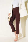 Waist-Slit Skinny Leg Fabric Trousers Brown