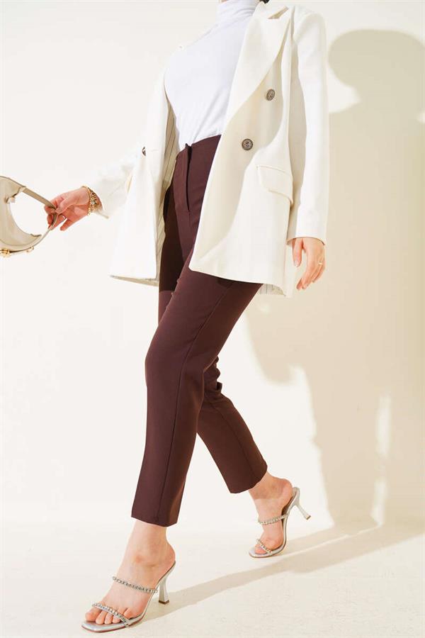 Waist-Slit Skinny Leg Fabric Trousers Brown