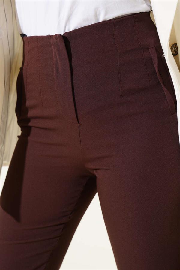 Waist-Slit Skinny Leg Fabric Trousers Brown