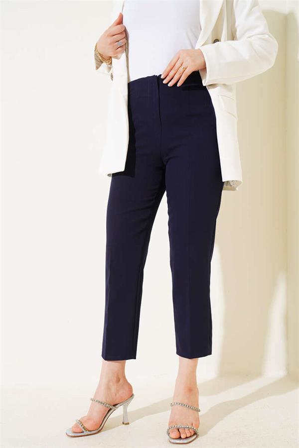 Waist-Spangled Skinny Leg Fabric Trousers Navy Blue