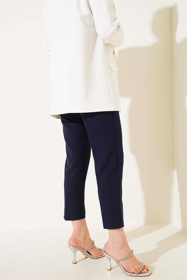 Waist-Spangled Skinny Leg Fabric Trousers Navy Blue