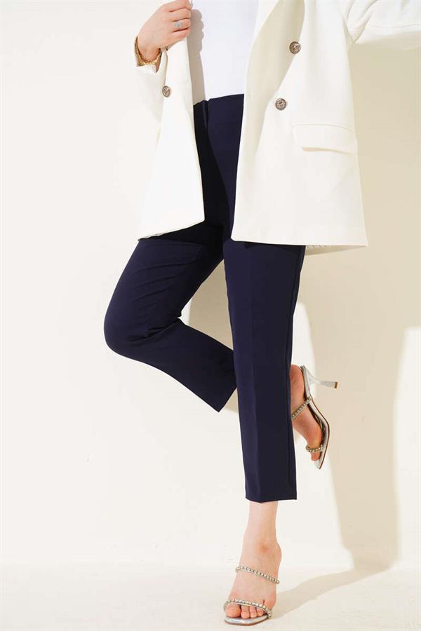 Waist-Spangled Skinny Leg Fabric Trousers Navy Blue