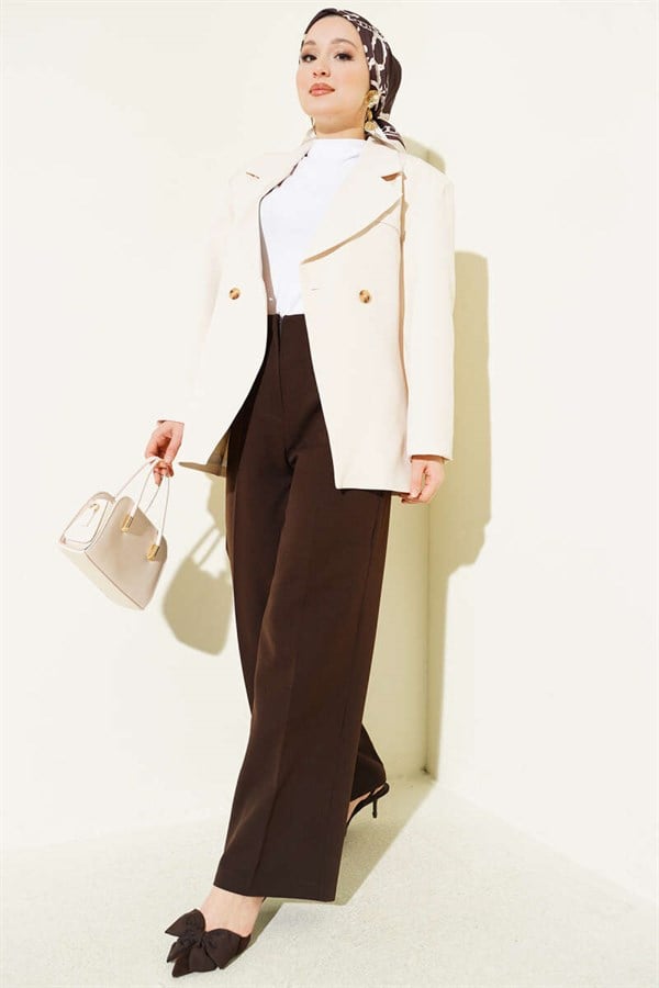 Wide Leg Trousers with Waistband, Brown