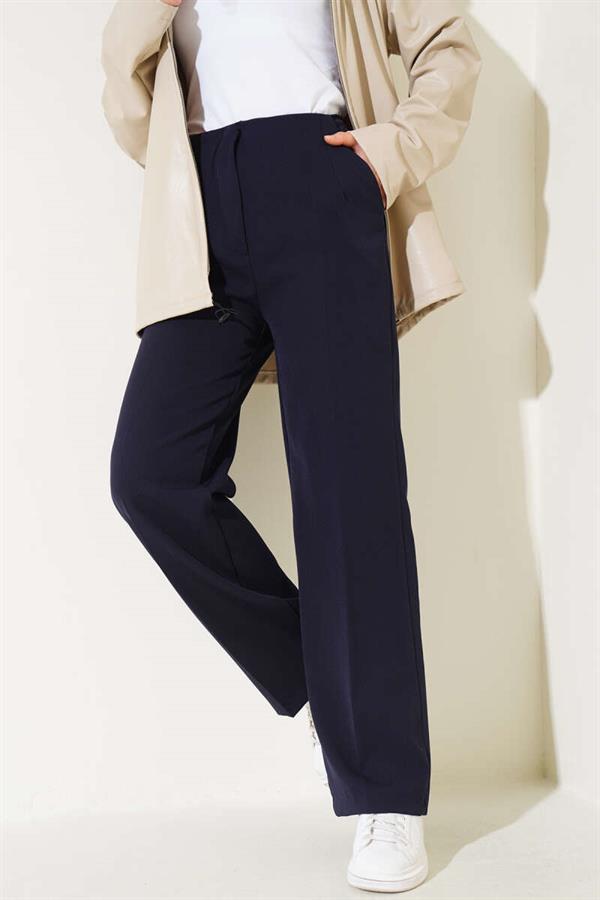 Waist-Spangled Wide Leg Trousers Navy Blue