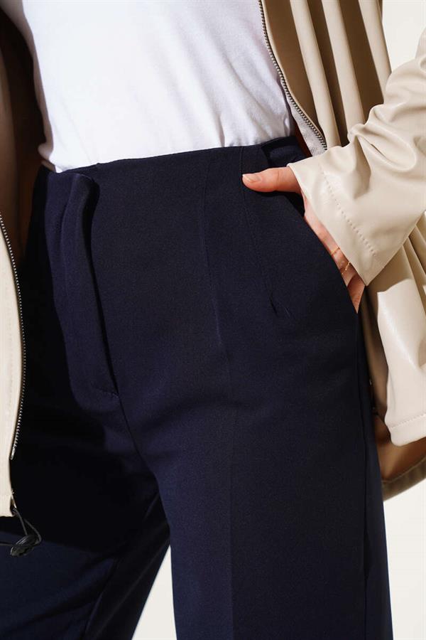 Waist-Spangled Wide Leg Trousers Navy Blue