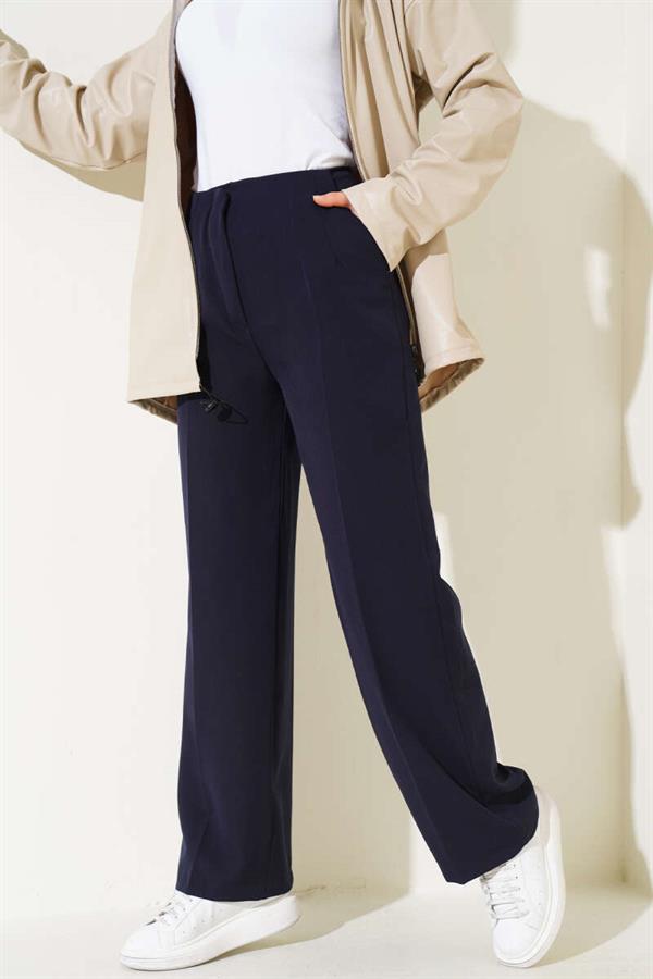 Waist-Spangled Wide Leg Trousers Navy Blue