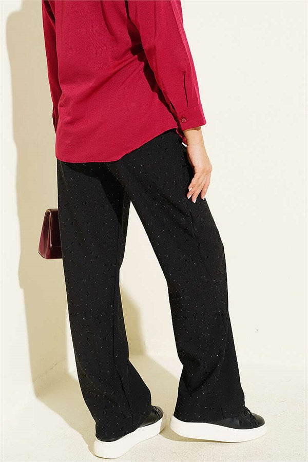 Waistband Velcro Mini Embellished Fabric Trousers Black