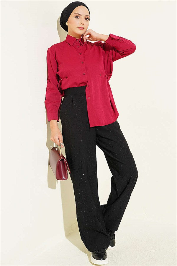 Waistband Velcro Mini Embellished Fabric Trousers Black
